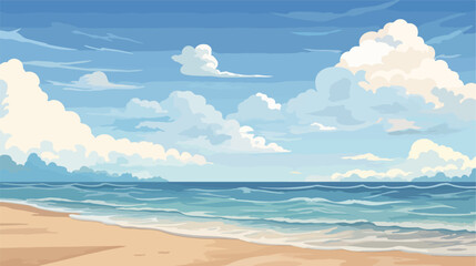 beach sea sand clouds flat cartoon vector illustration - obrazy, fototapety, plakaty