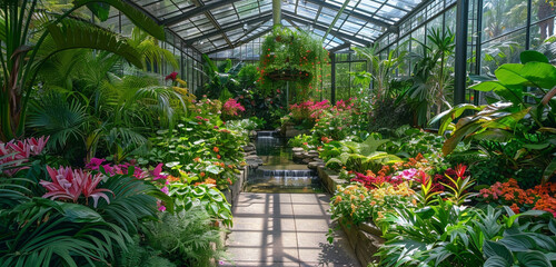 An expansive, sunlit conservatory filled with lush tropical plants, vibrant flowers, and a small, clear stream running through