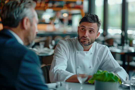 An entrepreneur chef in an empty restaurant meeting an investor 