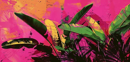 Raamstickers An image featuring a mottled background where vibrant magenta clashes and fuses with sharp lime green, symbolizing the vibrancy of exotic flora © Tehreem