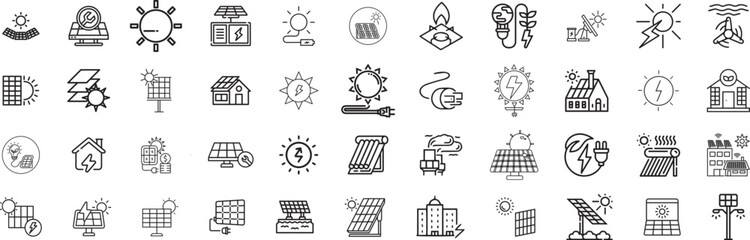Set of green energy thin line icons. Icons for renewable energy, green technology. Design elements for you projects. Vector illustration