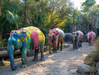 A zoo where the animals are painted with pop art prints, blending into an explosion of art and...