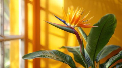  a close up of a flower on a plant in a room with a yellow wall and a window in the background.