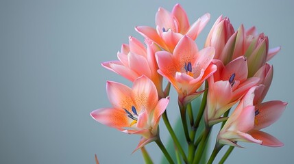  a close up of a bunch of pink flowers in a vase with water droplets on the petals and a butterfly on the top of the petals.