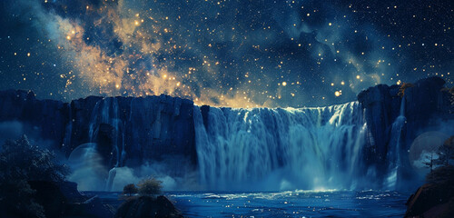 Cascading waterfall merging into a deep, star-filled sky for a breathtaking double exposure, contrasted with shades of indigo and gold - obrazy, fototapety, plakaty