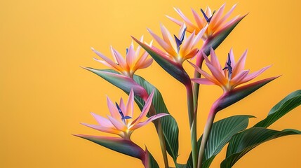  a close up of a bunch of flowers on a yellow background with a blurry image of a bird of paradise in the background.