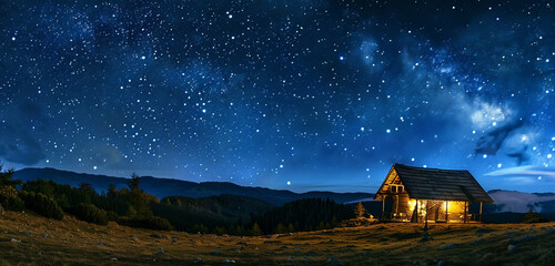 Crisp, photograph of a clear, star-filled night sky over a peaceful, secluded mountain cabin, showcasing the vastness and beauty of the cosmos