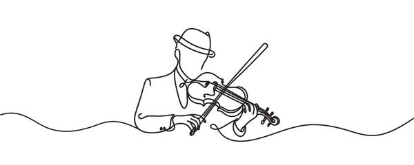 Fiddler one line. Vector illustration. a man plays the violin.