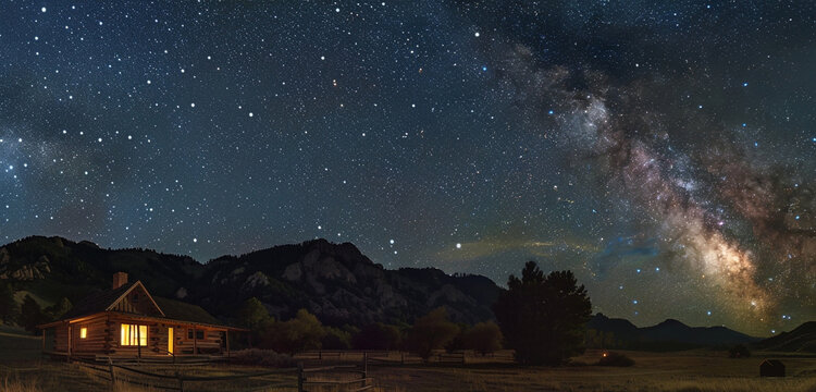 Crisp, photograph of a clear, star-filled night sky over a peaceful, secluded mountain cabin, showcasing the vastness and beauty of the cosmos