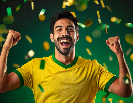 Um torcedor, usando uniforme do Brasil, muito alegre, comemorando a vit&oacute;ria, e muito papel picado caindo com fundo verde.