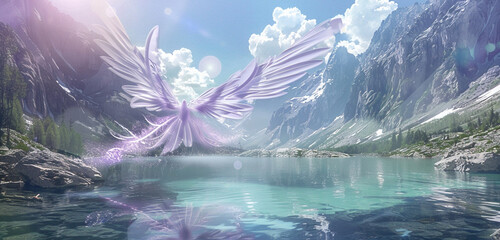 Delicate, translucent angel wings in a soft shade of violet, hovering above a crystal-clear...