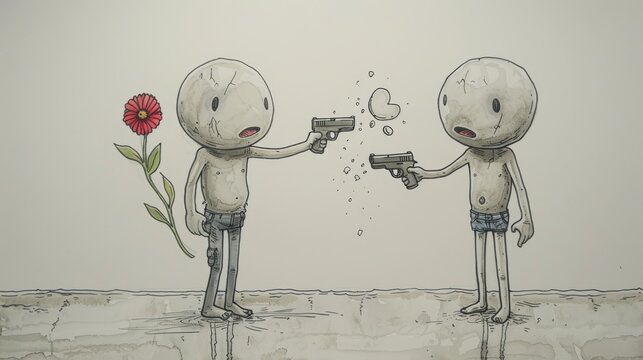  A Drawing Of Two People Facing Each Other With A Gun In Their Hand And A Flower In Their Other Hand.