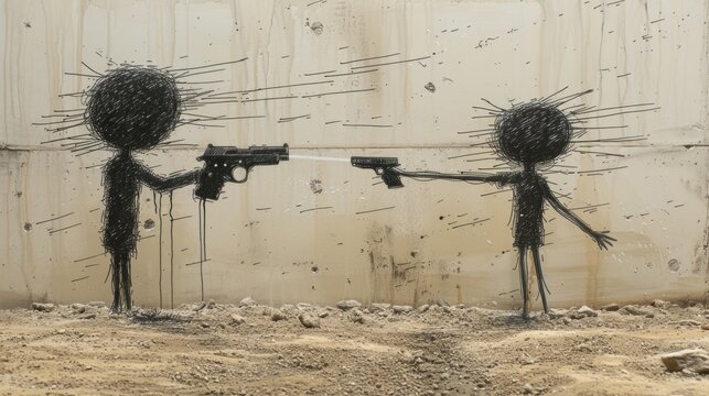  a painting of two people holding guns in front of a wall that has bullet holes in the middle of it.