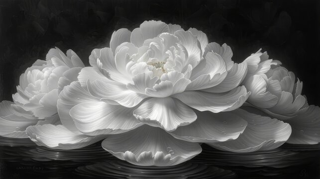  a black and white photo of a large flower in the middle of a body of water with ripples in front of it.