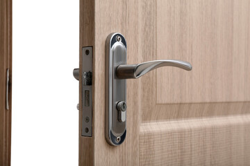 Obraz premium Opened light wooden door on white background