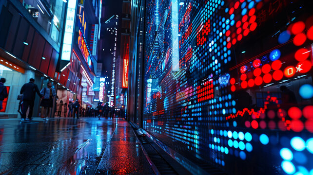 Stock market digital graph chart on LED display concept. A large display of daily stock market price and quotation. Indicator financial with buildings background