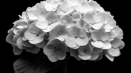  a black and white photo of a hydrangea flower with a green leaf on the side of the flower.