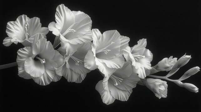  a black and white photo of a bunch of flowers that are blooming on the stem of a plant in front of a black background.