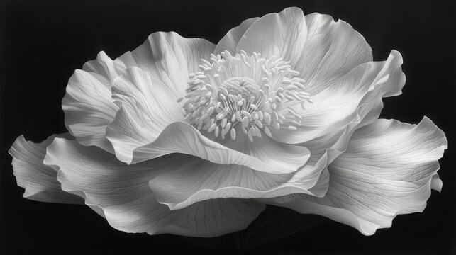  a black and white photo of a large flower on a black background with the center of the flower in the center of the flower.