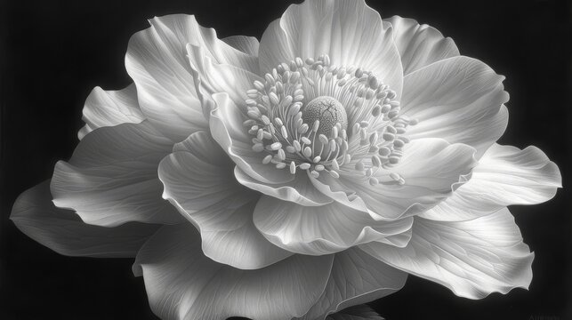  a black and white photo of a large flower with a center bud in the middle of the center of the flower.