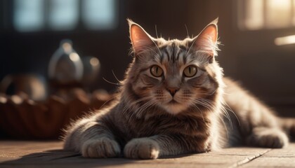 The cat reclines in a room bathed in sunlight, exuding an aura of tranquility. Its long whiskers and patterned fur are sharply detailed in the radiant glow. AI generation