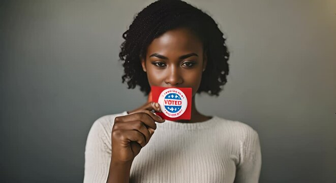Black woman with the "I voted" pin.