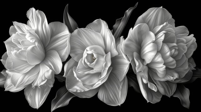  a black and white photo of three white flowers on a black background, with one large and one small flower in the center.