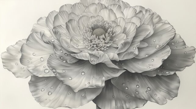  a black and white photo of a flower with drops of water on the petals and the center of the flower.