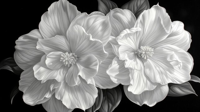  a black and white photo of two flowers on a black background, with one large flower in the center of the picture.