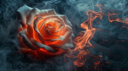  a close up of a rose on a black background with red and orange smoke behind it and a black background with a red and white rose.