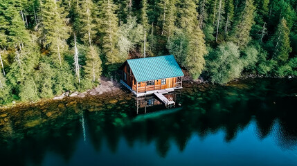 A small cabin sits on a dock in front of a lake. The cabin is surrounded by trees and the water is calm. The scene is peaceful and serene, with the cabin providing a sense of shelter
