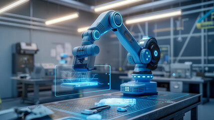 Digitalization in craftsmanship, workshop setting, advanced tools, precision machinery, augmented reality overlays, digital blueprints, remote collaboration, efficiency optimization