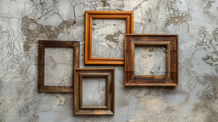 Antique wooden frames on cracked white plaster wall.