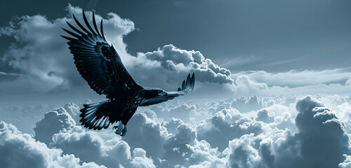 Double exposure creation of an eagle soaring above stormy clouds, merged with a clear blue sky, in black and sky blue - Powered by Adobe