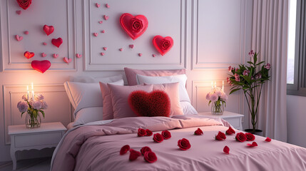 Quarto de dormir romantico com corações e tema de dia dos namorados - obrazy, fototapety, plakaty
