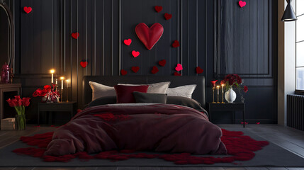 Quarto de dormir romantico com corações e tema de dia dos namorados - obrazy, fototapety, plakaty