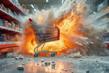 shopping cart exploding. Concept of price rise and inflation