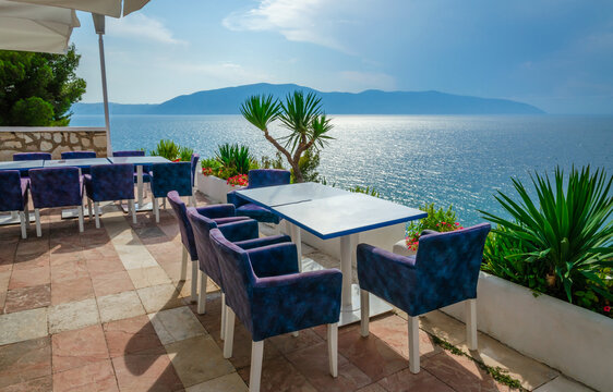 Beautiful summer seascape view from terrace in Vlora, Albania