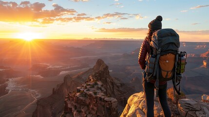Backpacker Enjoying Sunrise in Desert Landscape - obrazy, fototapety, plakaty