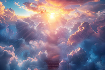 A depiction of a heavenly escalator leading to the entrance of the afterlife, symbolizing the journey towards spiritual success. - obrazy, fototapety, plakaty