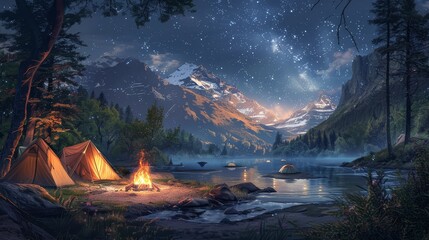 Digital art of camping site by mountain lake under starry sky. Fantasy landscape with tents and campfire at night. - obrazy, fototapety, plakaty