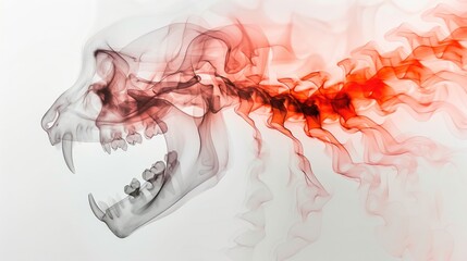 A digitally altered image of a skull with red smoke emanating from it - obrazy, fototapety, plakaty