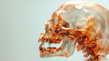 A translucent, amber-colored skull with a modern artistic twist