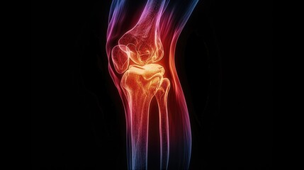 A digital illustration of a human knee joint with colorful highlights indicating pain or medical imaging