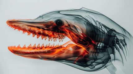 An artistic, digitally-rendered image of a skeletal and muscular structure of a crocodile's head with a fiery effect