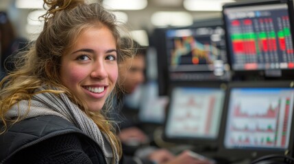 Smiling Woman at Stock Exchange With Monitoring Screens - obrazy, fototapety, plakaty