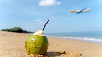 Ripe coconut cocktail in natural coconut on the beach