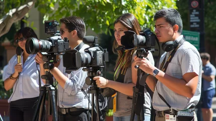 Fototapeten Camera operators and reporter preparing for live broadcast in outdoor setting. Journalism and media coverage concept for design and print © Andrey