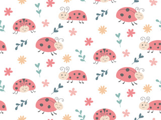 Ladybug and flowers plant seamless pattern. Funny characters and floral elements background. Wild life illustration. Cartoon children's kids summer natural wallpaper