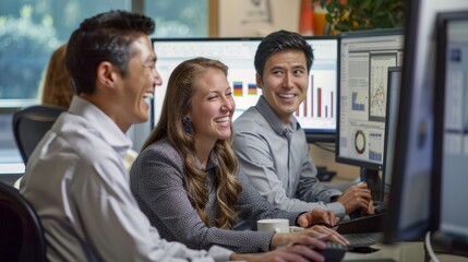 Smiling business team analyzing data on computer screens. Corporate teamwork and analysis concept